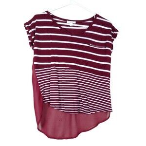 E&M Womens Size Small Maroon Shirt Top High Low Stretch Sheer Back Cap Sleeve